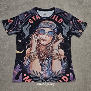 Women's XL Print Graphic T Shirt Stay Wild Boho Hippie Festival Top